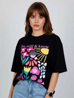 KASMA - Women Oversize Printed Cotton Black T-shirt