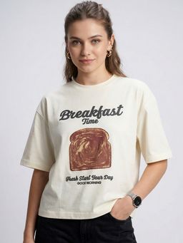 KASMA - Women Oversize Printed Cotton Cream T-shirt