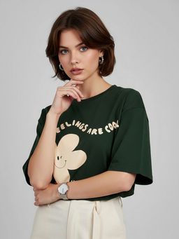 KASMA - Women Oversize Printed Cotton Green T-shirt