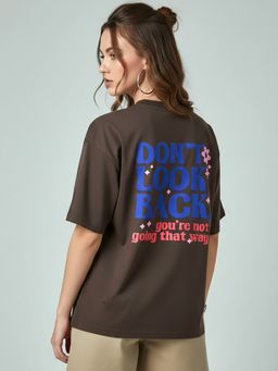 KASMA - Women Oversize Printed Cotton Brown T-shirt