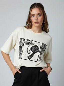 KASMA - Women Oversize Printed Cotton Cream T-shirt