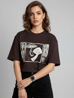 KASMA - Women Oversize Printed Cotton Brown T-shirt