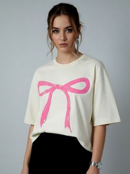 KASMA - Women Oversize Printed Cotton Cream T-shirt