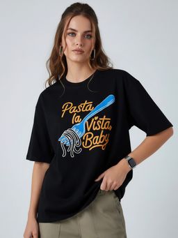 KASMA - Women Oversize Typography Print Cotton Black T-shirt