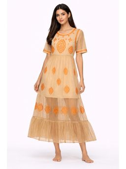 NOBARR - Women Cream Cotton Embroidered Sheer Dress with Inner