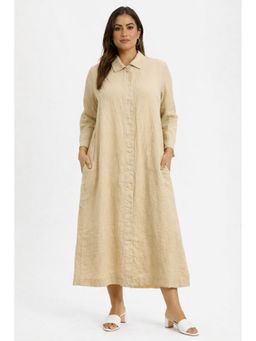 NOBARR - Women Beige Cotton Loose Fit Shirt Dress with 2 Side Pockets