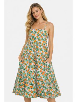 NOBARR - Women Floral Print Cotton Fit and Flare Tiered Dress with Pockets