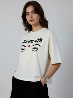 KASMA - Women Oversize Printed Cotton Off White T-shirt
