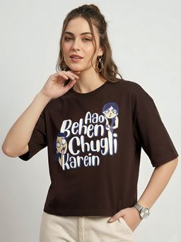 KASMA - Women Oversize Typography Print Cotton Brown T-shirt