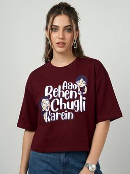 KASMA - Women Oversize Typography Print Cotton Maroon T-shirt