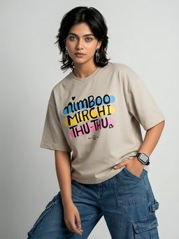 KASMA - Women Oversize Printed Cotton Beige T-shirt