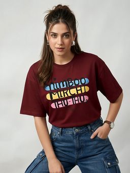 KASMA - Women Oversize Printed Cotton Maroon T-shirt