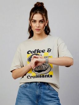 KASMA - Women Oversize Printed Cotton Beige T-shirt