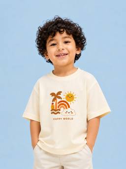 Kidbea - Cream Bamboo Viscose Kids Oversized Half Sleeve T-Shirt