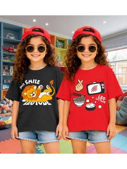 LEOTUDE - Kid'S Multi-Colour Printed Cotton Oversized T-Shirt (Pack Of 2)