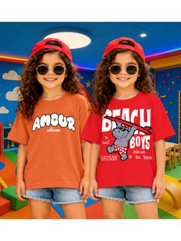 LEOTUDE - Kid's Multi-Colour Printed Cotton Oversized T-Shirt (Pack Of 2)