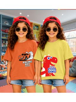 LEOTUDE - Kid'S Multi-Colour Printed Cotton Oversized T-Shirt (Pack Of 2)