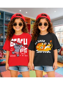LEOTUDE - Kid'S Multi-Colour Printed Cotton Oversized T-Shirt (Pack Of 2)