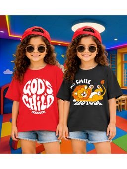 LEOTUDE - Kid'S Multi-Colour Printed Cotton Oversized T-Shirt (Pack Of 2)