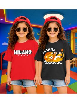 LEOTUDE - Kid'S Multi-Colour Printed Cotton Oversized T-Shirt (Pack Of 2)