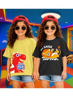 LEOTUDE - Kid'S Multi-Colour Printed Cotton Oversized T-Shirt (Pack Of 2)
