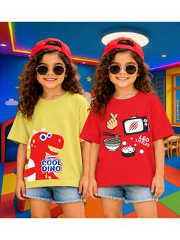 LEOTUDE - Kid'S Multi-Colour Printed Cotton Oversized T-Shirt (Pack Of 2)