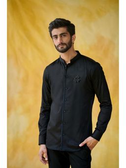 Philocaly - Zwart Slim Fit Embroidered Black Shirt