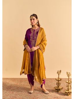 Sheetal Batra - Amal - Silk Velvet Deep Purple A-Line Kurta And Dhoti Pant Set