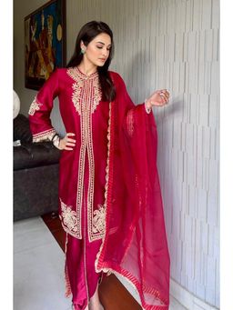 Sheetal Batra - Deep Red Short Kurta And Dhoti Pant Set With Light Dupatta