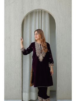Sheetal Batra - Naima -Wine Silk Velvet Short Kurta And Salwar Set With Dupatta