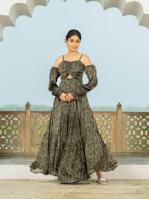 Buy The Kapas Majestic Puff Sleeves Forest Green Off-Shoulder Maxi Dress  Online