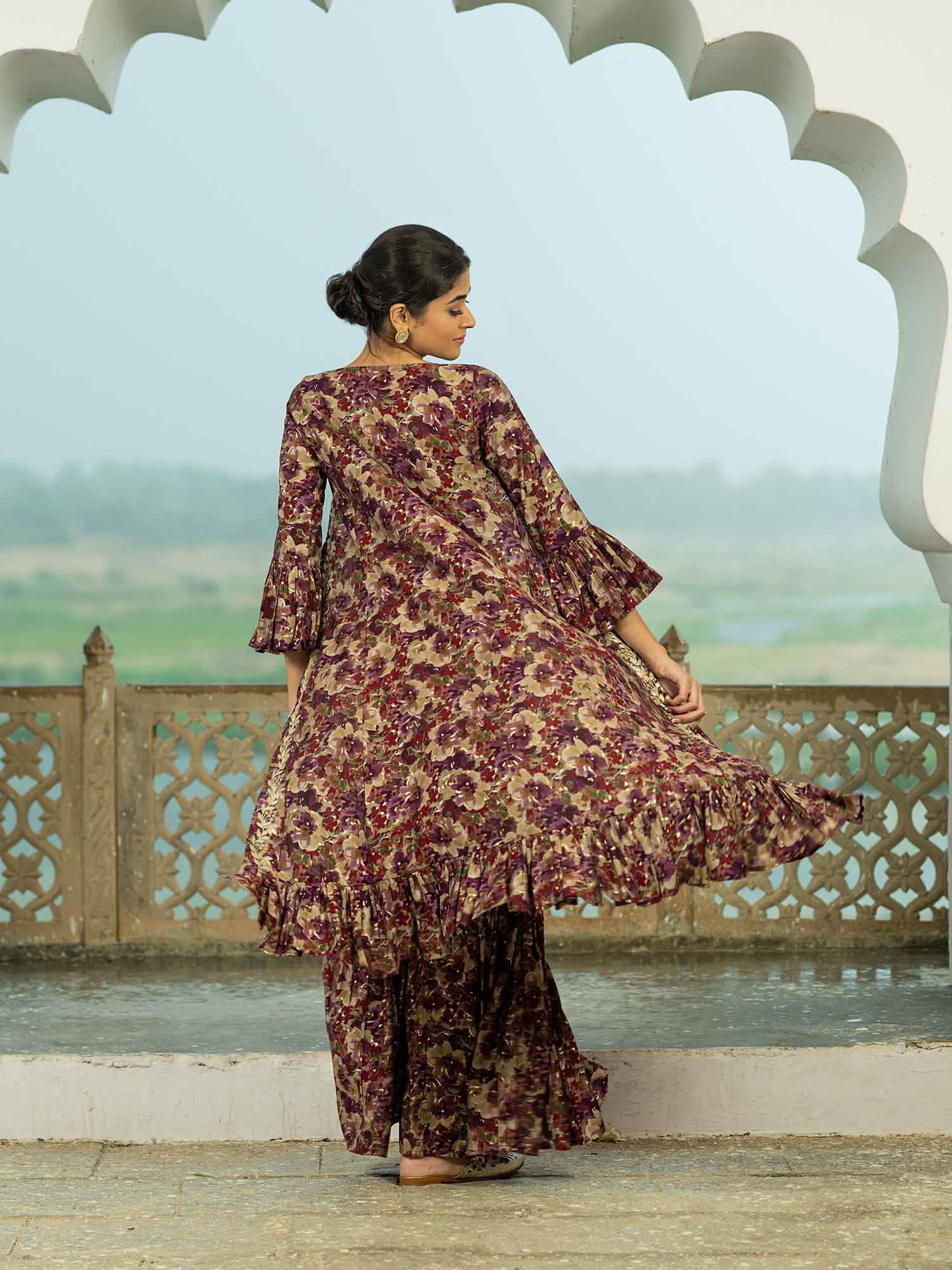 Buy The Kapas Multi-Color Floral Longline Top with Sharara and