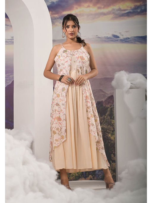 chinese dress ladies Beige Cotton Gauze Raw Edge Fiorini Maxi Dress