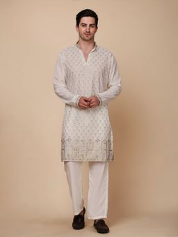 Pro Ethic Style Developer - Men Cream Silk Full Sleeves Kurta with Pant