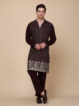 Pro Ethic Style Developer - Men Wine Silk Full Sleeves Kurta with Pant