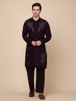 Pro Ethic Style Developer - Men Wine Cotton Full Sleeves Kurta with Pant