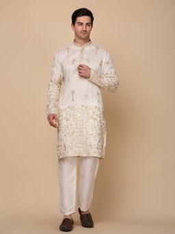 Pro Ethic Style Developer - Men Cream Cotton Full Sleeves Kurta with Pant
