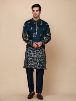 Pro Ethic Style Developer - Men Blue Cotton Full Sleeves Kurta with Pant
