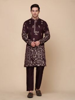 Pro Ethic Style Developer - Men Wine Cotton Full Sleeves Kurta with Pant