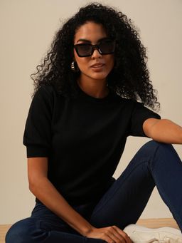 Globus - Women Black Round Neck Puff Sleeves Solid Knitted Pullover Sweater