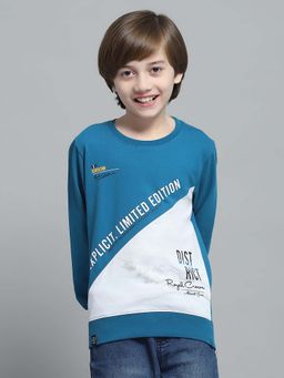 Monte Carlo - Boys Printed Teal Round Neck Full Sleeve Sweatshirt