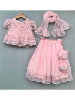LABEL NEETI - Girls Pink Embellished Top with Lehenga and Dupatta (Set of 3)