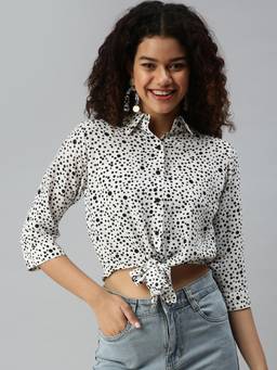 SHOWOFFFF - Women Collar Neck Three Fourth Sleeves Polka Dots White Top