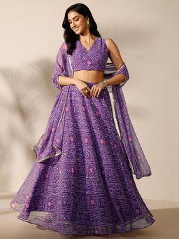 Libas - Purple Bandhani Printed Choli with Lehenga and Dupatta