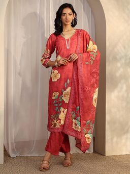 Libas - Red Floral Printed Kurta with Pant and Bandhani Printed Dupatta