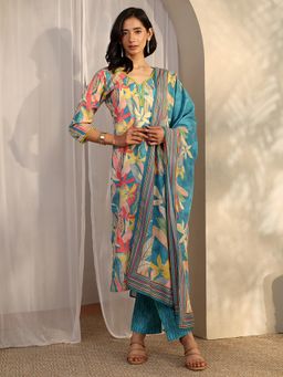 Libas - Blue Floral Printed Straight Kurta with Printed Pant and Dupatta