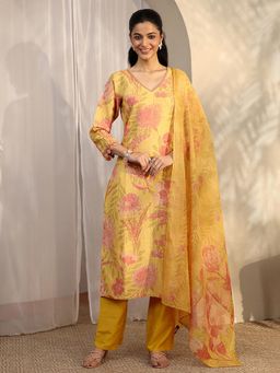 Libas - Mustard Floral Printed Straight Kurta with Solid Pant and Dupatta