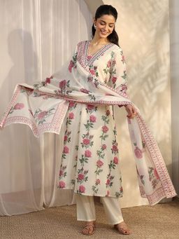 Libas - Off White Floral Printed A-Line Kurta with Lining and Pant with Dupatta