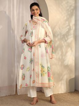 Libas - White Floral Printed A-Line Kurta with Lining and Pant with Dupatta