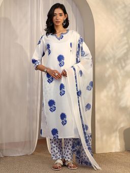 Libas - White Floral Motifs Printed Kurta with Pant and Dupatta